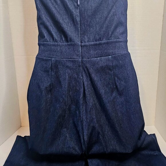 LILLY'S KLOSET KNIT DENIM STRAPLESS JUMPSUIT SZ S FLARE LEG ZIP BACK NO CARE TAG - Picture 4 of 10